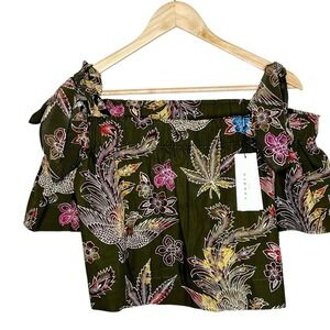 Sandro Paris Off The Shoulder Tropical Floral Print Top Green Womens Size L 3